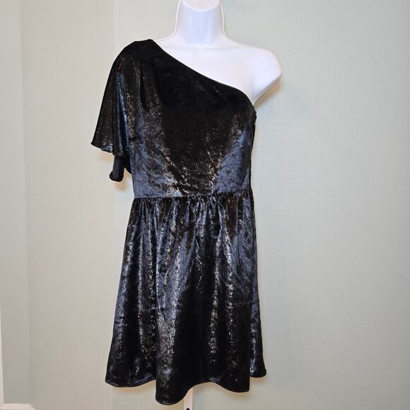 7 For All Mankind One Shoulder Dress Metallic Velour Black Womens Size Med Party - Picture 14 of 14